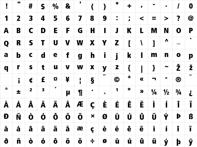 Frutiger LT 87 ExtraBlackCn Regular  glyph index