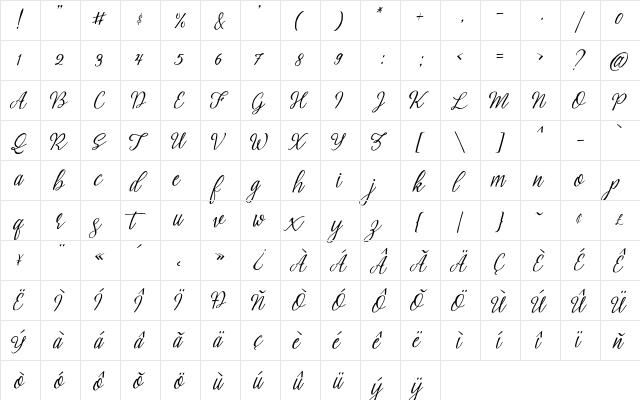 Brightside Typeface Regular  glyph index