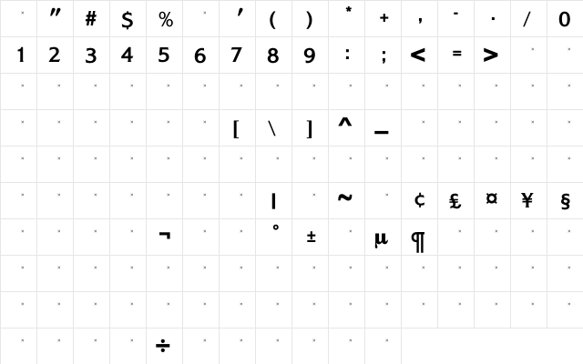 AlexonBoldTab Regular  glyph index
