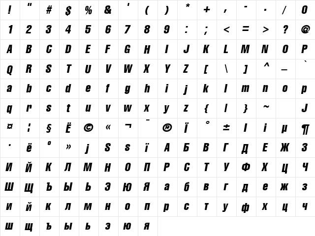 A1012HelvetikaCmprs TYGRA Compress-Italic  glyph index