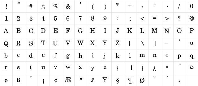 CenturySchoolbook-Thin Regular  glyph index