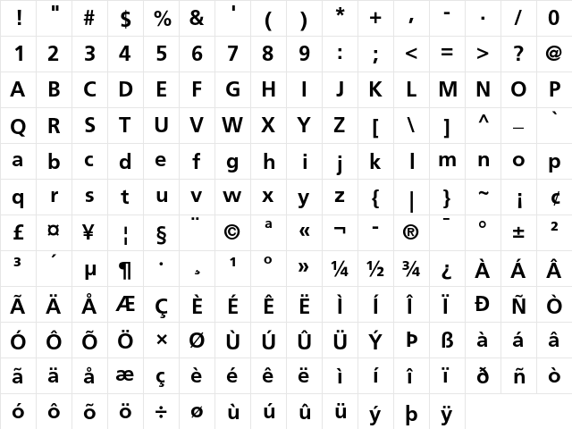 Frutiger 65 Bold  glyph index