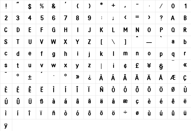 Usego Roman  glyph index