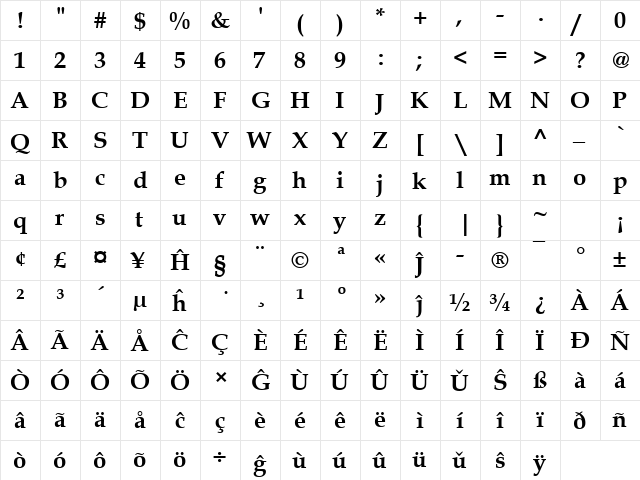 Book Antiqua Eo Bold  glyph index