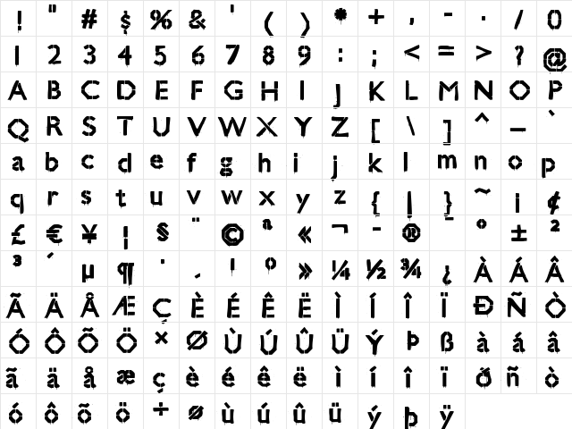 Jillican Warpaint Regular  glyph index