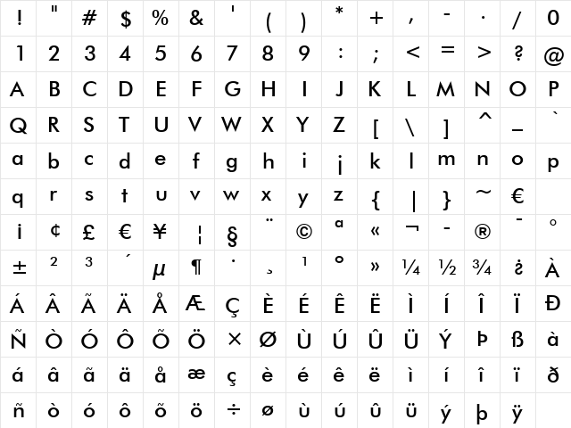 Futura Md BT Medium  glyph index