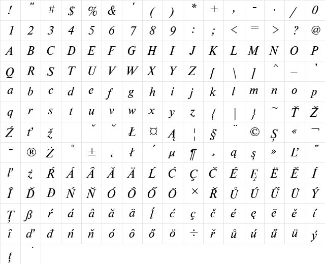 NewtonETT Italic  glyph index