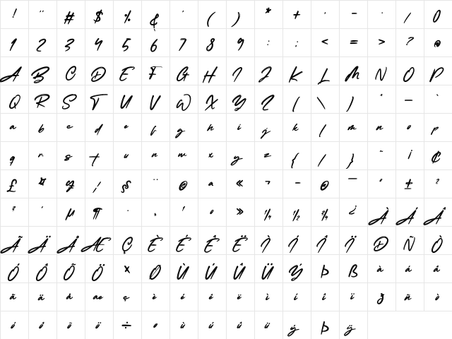 Blluebong Regular  glyph index