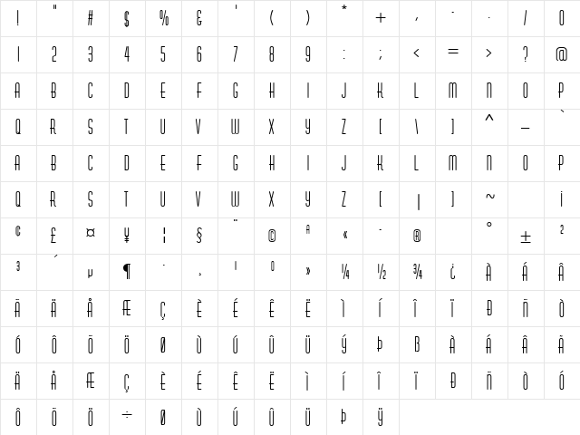 GE Astarte Narrow Caps Regular  glyph index