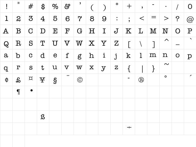 Dateline Regular  glyph index