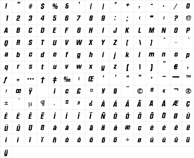 Diamante-BoldIta Regular  glyph index