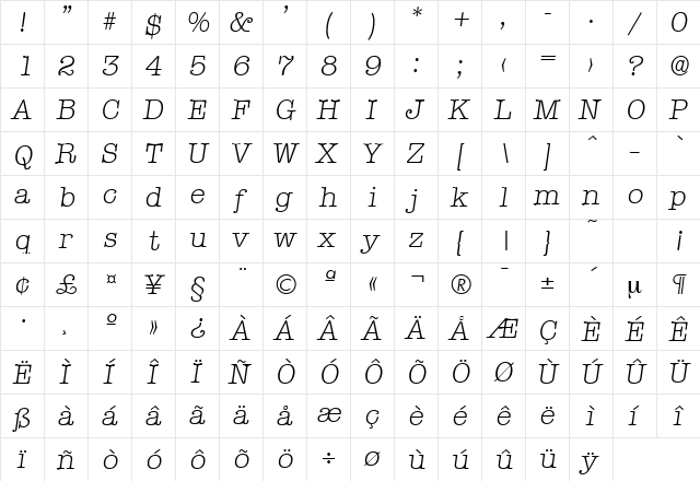 Typewriter-Serial-Light RegularItalic  glyph index