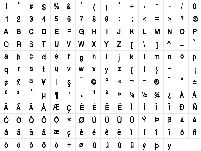 Alps-Condensed Bold  glyph index