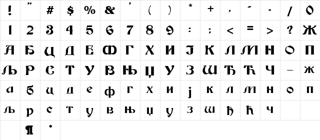Beker Cirilica Bold  glyph index