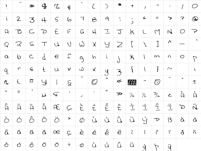 JilliansHand Regular  glyph index