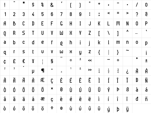 Meridiana Regular  glyph index