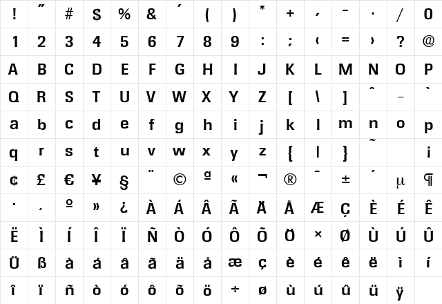 RochesterSerial Bold  glyph index