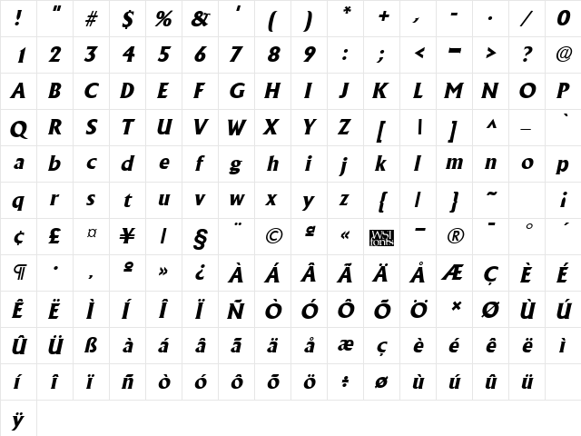 AlbertaExtrabold Italic  glyph index