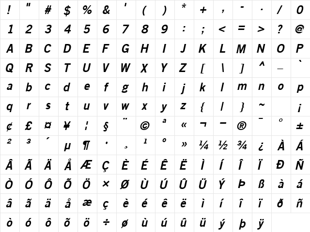 CommerceSSK Bold Italic  glyph index