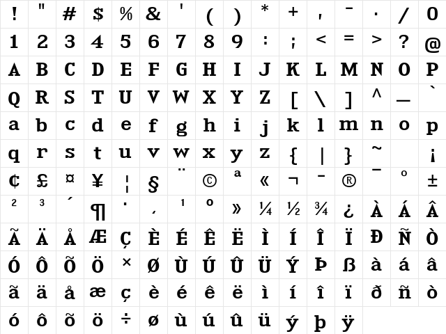 Kingsbridge Expanded SemiBold  glyph index