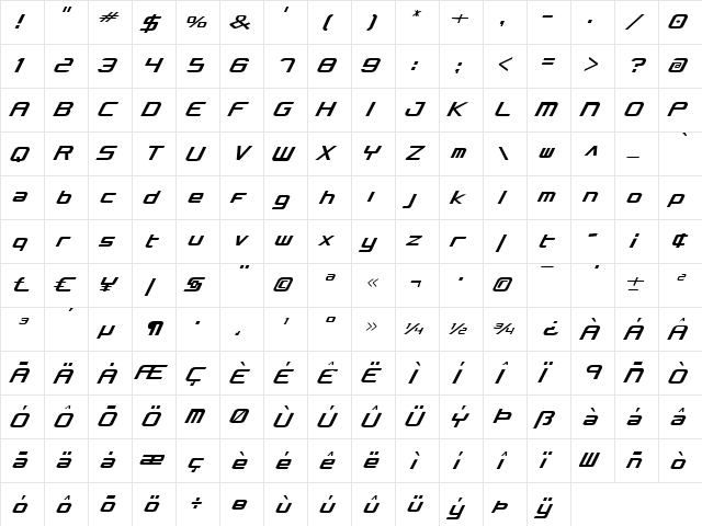 Concielian Condensed Condensed  glyph index