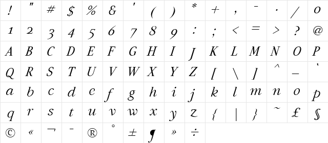 Artemius SN Light TT Regular Italic  glyph index