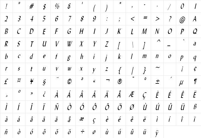 Lynda Thin Italic  glyph index