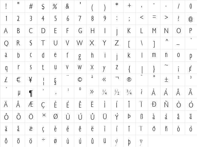 KlillLightCondensed Regular  glyph index