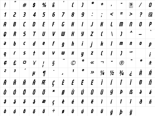 WOX~Modelist Bold Italic Demo Regular  glyph index