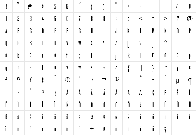 BlockGothicLightExtraCond Roman  glyph index