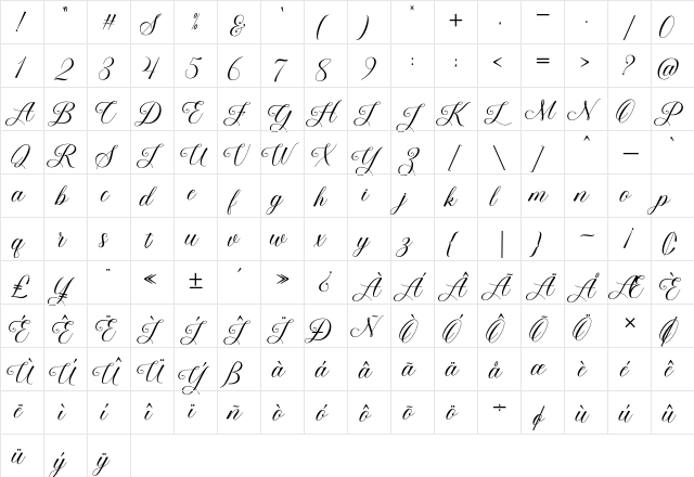 Beauty Queen Script Regular  glyph index