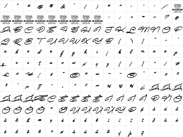 Avelana Bold Ital PERSONAL USE Regular  glyph index