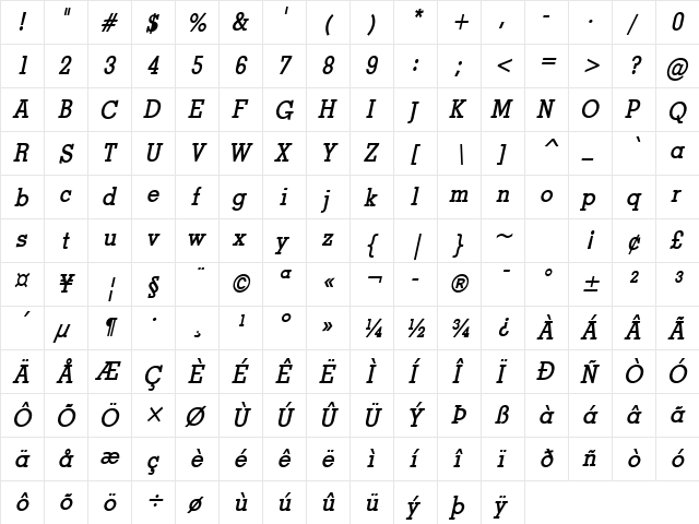 Geo-Condensed Bold Italic  glyph index