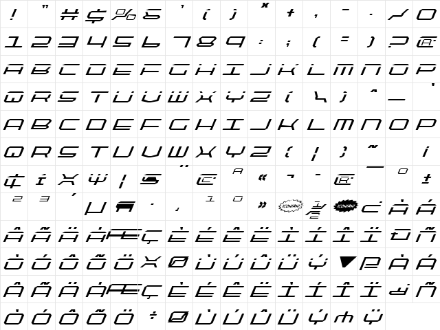 QuickTech Italic Italic  glyph index