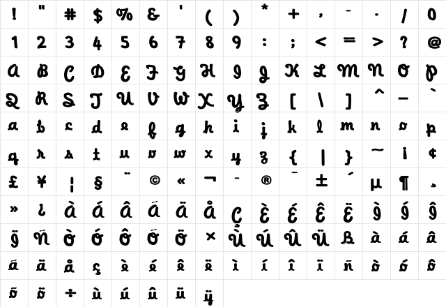 WaveeWeekend Regular  glyph index