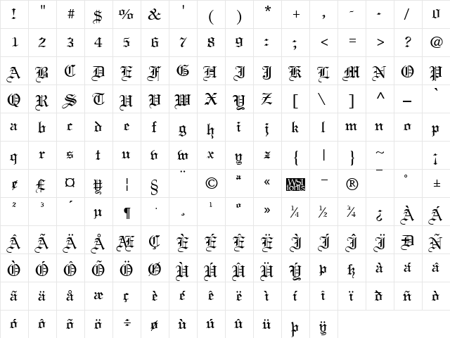 LinusText Regular  glyph index