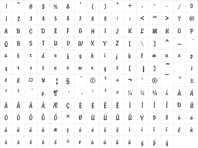 DTCBrodyM33 Regular  glyph index