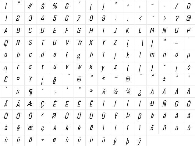 Quarca Cond Regular Italic  glyph index