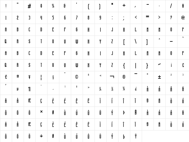 condimentum Regular  glyph index