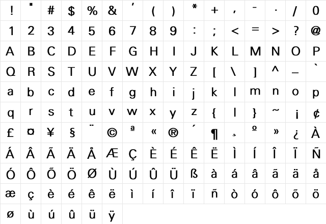 Univers-Light Bold  glyph index