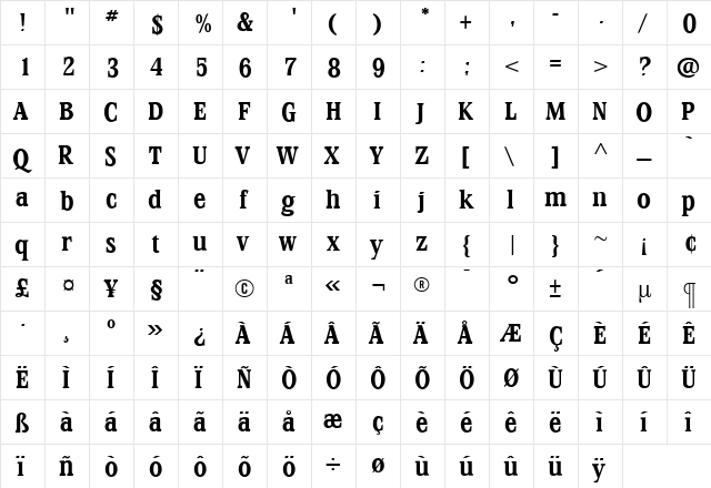 StirlingBold Roman  glyph index