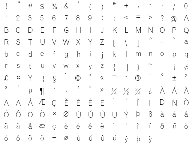 Grotesque MT Std Light  glyph index