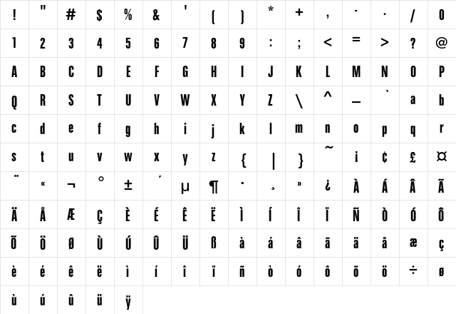 FolioEF-ExtraCondensed Regular  glyph index
