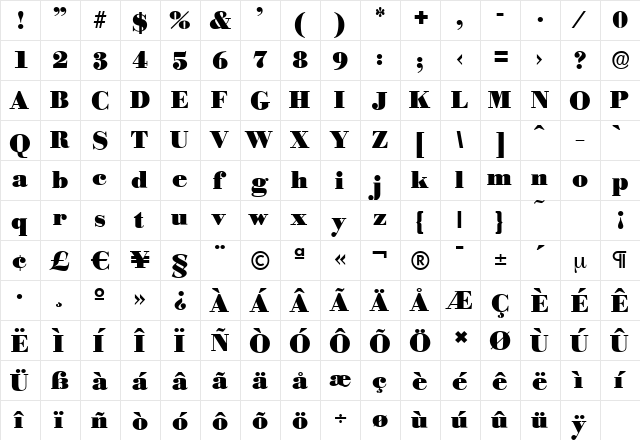 BodoniSerial-Black Regular  glyph index
