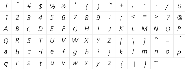 Cadet Sans Light Italic Regular  glyph index