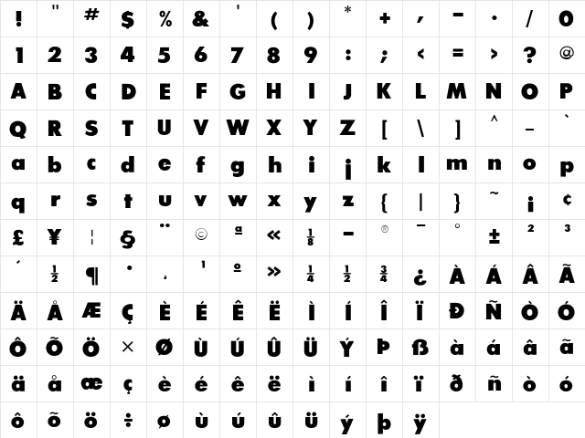 SansSerifExbFLF Regular  glyph index