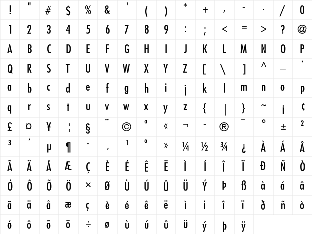 Futura Medium Condensed  glyph index