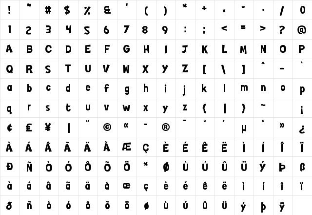 Japers Regular  glyph index