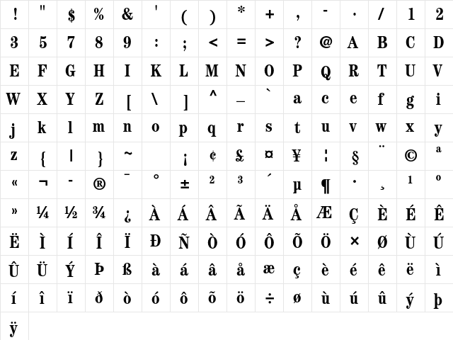 ITC Century Std Bold Condensed  glyph index