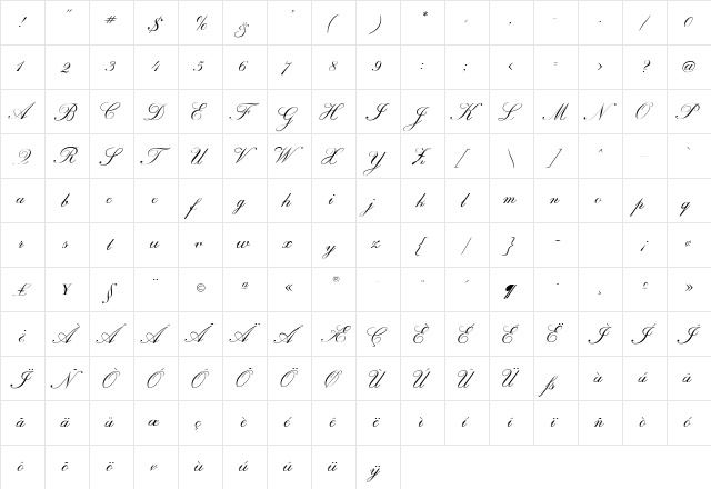 RegencyScriptFLF Roman  glyph index